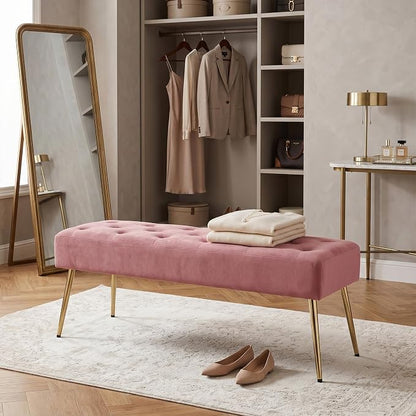 DUHOME Modern Velvet Ottoman Bench, Button-Tufted Upholstered Bedroom Benches,End of Bed Bench with Gold Base for Entryway Living Room Dining Room, Pink
