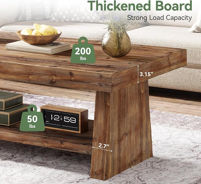 47" Solid Wood Coffee Table, 2-Tier Rectangular Farmhouse Center Table with Storage Shelf, Distressed Charred Wood Coffee Tables for Living Room, Rustic Vintage Carbonized