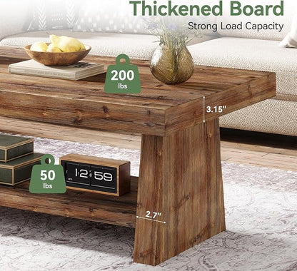 47" Solid Wood Coffee Table, 2-Tier Rectangular Farmhouse Center Table with Storage Shelf, Distressed Charred Wood Coffee Tables for Living Room, Rustic Vintage Carbonized