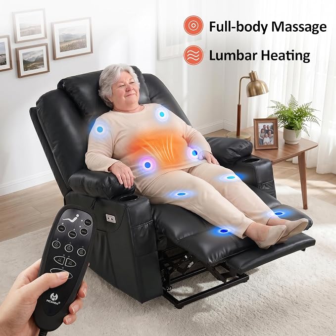 MCombo Power Lift Recliner Chair for Elderly R7042(Black, Small-Wide) | Heat and Massage, Breathable Faux Leather, USB& Type C Charging Port, FSC Certified