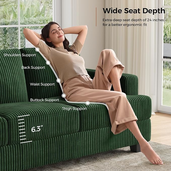 COPIAE 89 Inch Sofa with Extra Deep Seats Oversize, 3 Seater Sofa for Living Room, Modern Couch and Sofa, Comfy Armrests and Seats and Backrests, Easy Installation,Wide Corduroy Fabric Dark Green
