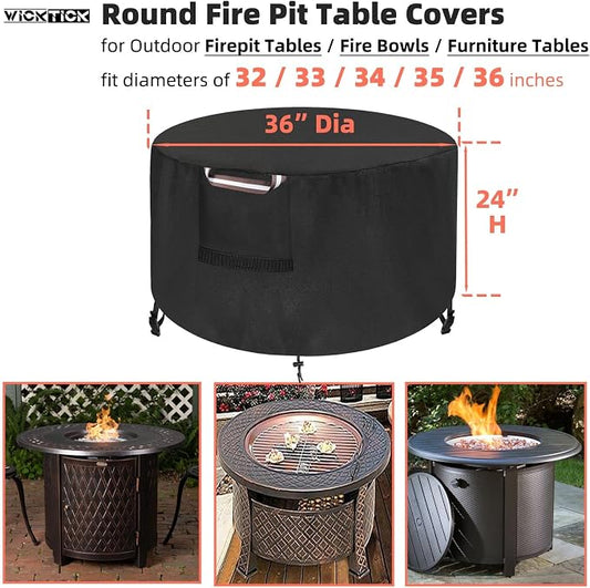 WICKTICK Round Fire Pit Cover 36 x 25 Inch, Waterproof & 600D Heavy Duty Patio Firepit Table Covers, Fits 36, 35, 34, 33, 32, 30 inches Fire Tables / Bowls