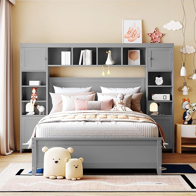 Merax Full Size Wooden Bed with All-in-One Cabinet and Shelf, Gray Bed Frame with 4 Storage Drawers