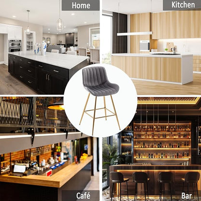 Sidanli Gold Bar Stools, 24” Velvet Barstools, Kitchen Chairs Set of 2 for Counter Height with Back and Footrest, Gray