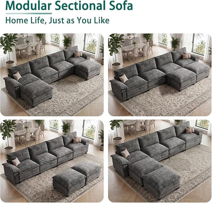 Modern U Shaped Sofa Couches for Living Room, Modular Sectional Cloud Couch with Movable Ottoman, Comfy Chenille Sofa for Apartment and Small Space, Dark Gray