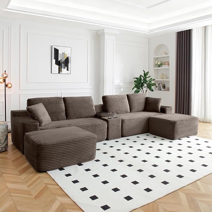 ivoros 150 Inch Modular Sectional Sofa Couch, Oversized Modern Cloud Couch for Living Room, U Shape Couches with 2 Ottomans, USB Ports and Cup Holders, Camel Corduroy Boneless Sofas, Sofa in a Box
