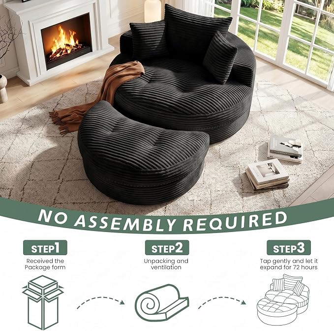 Oversized Round Chaise Lounge Chair, Deep Seat Cloud Boneless Floor Sofa Couch, Upholstered Corduroy Sleeper with 3 Pillows & Optional Ottoman, No Assembly Modern Lazy Floor Lounger for Living Room
