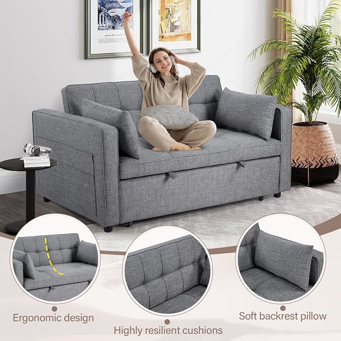 HAOMARKETS 3 in 1 Convertible Sleeper Sofa Bed, Loveseat Chaise Lounge with Pullout Bed, 2-Seater Futon Couches with Storage Pockets, 3-Level Adjustable Backrest and Pillows for Living Room, Dark Grey