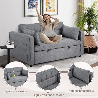 HAOMARKETS 3 in 1 Convertible Sleeper Sofa Bed, Loveseat Chaise Lounge with Pullout Bed, 2-Seater Futon Couches with Storage Pockets, 3-Level Adjustable Backrest and Pillows for Living Room, Dark Grey
