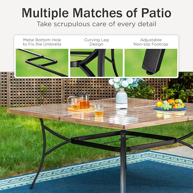 PHI VILLA 9 Pieces Outdoor Dining Set for 8, 57.5" Brown Square Metal Table with Umbrella Hole & Stackable Black Wrought Iron Chairs, Large Outside Furniture Set for Patio, Deck, Yard, Porch