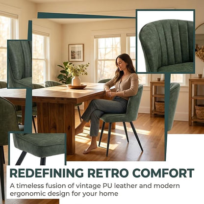 ROCITY Modern Upholstered Dining Chairs Set of 6 Green Leather Dining Room Chairs Armless Kitchen Chair with Black Metal Legs