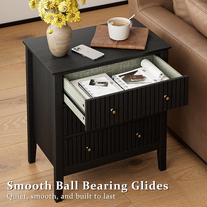 Night Stand, Fluted 3 Drawer Wide Farmhouse Nightstand with Gold Handle, Modern Wooden Bedside End Table for Bedroom, Living Room, Black