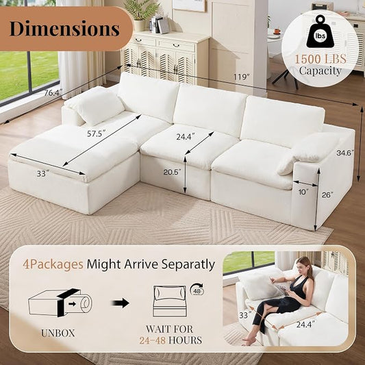 Jocisland 120" Cloud Modular Sectional Sofa, No-Assembly Oversized Chenille Couch with 76.4" Extra-Deep Chaise, Modern White Cloud Couch for Living Room