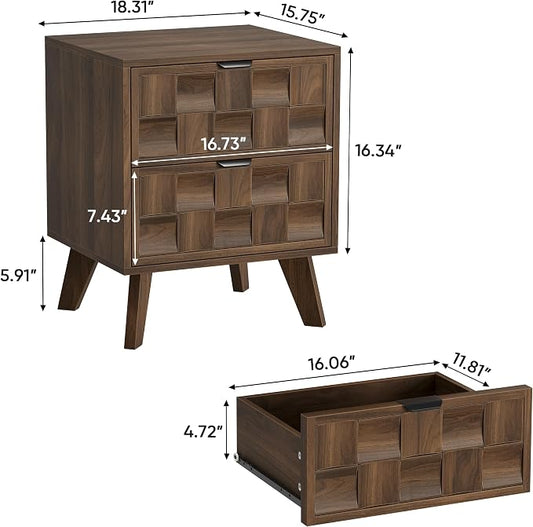 Smuxee Walnut Wooden Nightstand with 2 Drawers, Mid Century Night Stand with Embossed Checkerboard Doors, Bedside Table with Solid Feet, Modern End Side Table for Bedroom