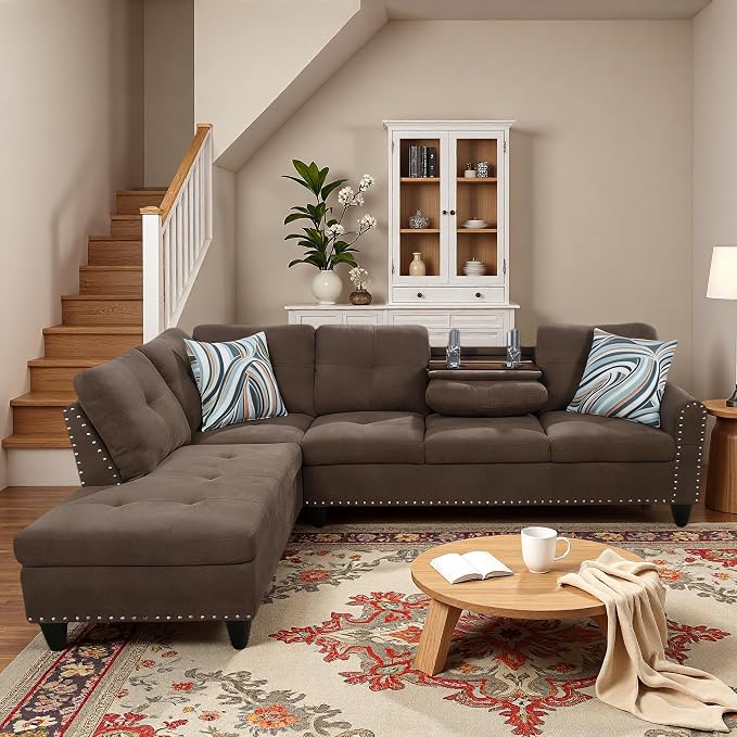 L-Shaped Sectional Sofa, Modern 4-Seat Couch with Built-in Cup Holders, Upholstered Fabric Sectional Couch with Left Facing Chaise for Living Room, Apartment, Office, Brown