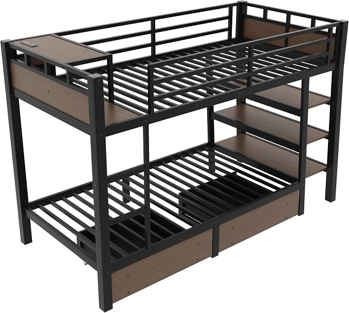 Bellemave Bunk Bed Twin Over Twin，Metal Bunk beds with Storage Shelves, LED Light Strip, and USB Power Strip, Upper Bed with Desk, Black