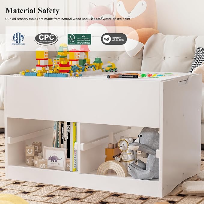 Easyego Kid Sensory Table with Storage - Activity Table with Building Block Boards & Foldable Storage Bins, Birthday Gifts for Boys and Girls - White