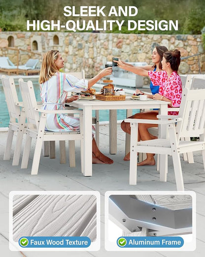 YEFU HIPS Patio Table Set: 5 Piece Outdoor Table and Chairs Dining Furniture Set with Umbrella Hole - White Modern Plastic Dining Sets 4 Person for Outside Deck with Metal Aluminum Frame