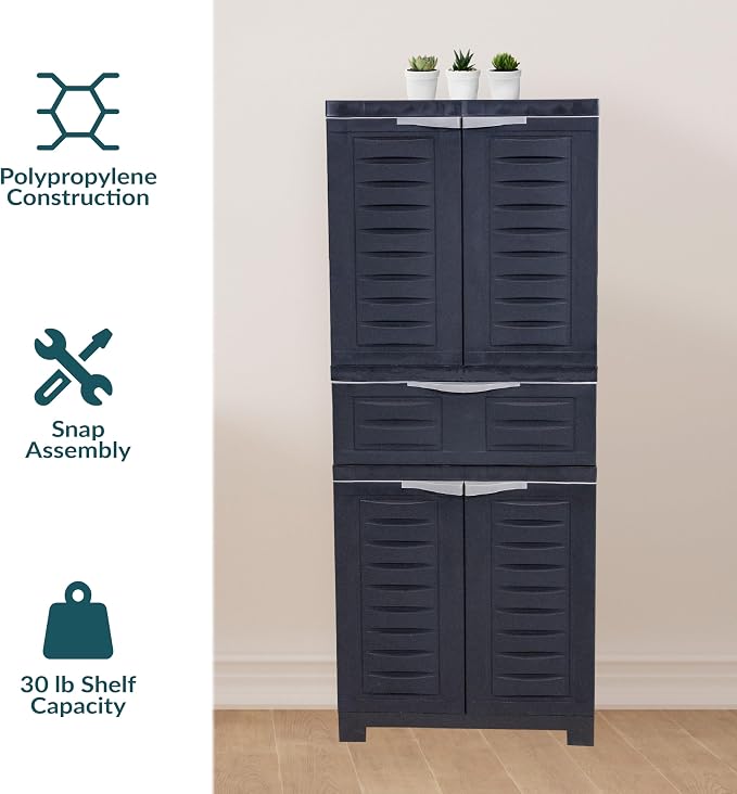 Sunnydaze 57" H Resin Garage Storage Cabinet - Garage Cabinet with 2 Adjustable Shelves - Freestanding Utility Storage for Laundry Room, Office, Basement - Charcoal