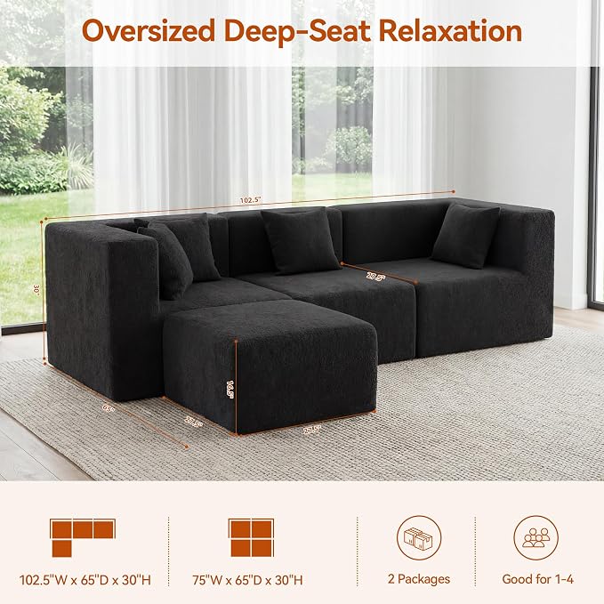 MONVANE 103'' Modular Sectional Sofa, Comfy Teddy Velvet Cloud Couch with Ottoman, Modern Convertible L Shaped Couch with Deep Seat, Sectional Couches for Living Room, Bedroom and Apartment, Black