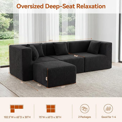 MONVANE 103'' Modular Sectional Sofa, Comfy Teddy Velvet Cloud Couch with Ottoman, Modern Convertible L Shaped Couch with Deep Seat, Sectional Couches for Living Room, Bedroom and Apartment, Black