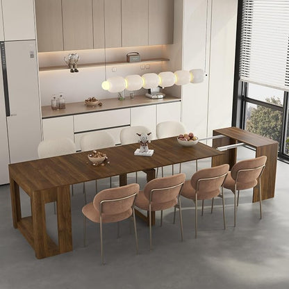 Extendable Foldable Dining Room Table for 1-12 People, Wood Multifunctional Rectangle Expandable Console Kitchen Living Meeting Room Furniture, Walnut