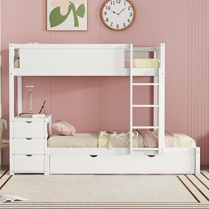Harper & Bright Designs Twin Over Twin Bunk Bed Twin Size Trundle, Wood Twin Bunk Bed with USB Ports, Storage and Desk, White