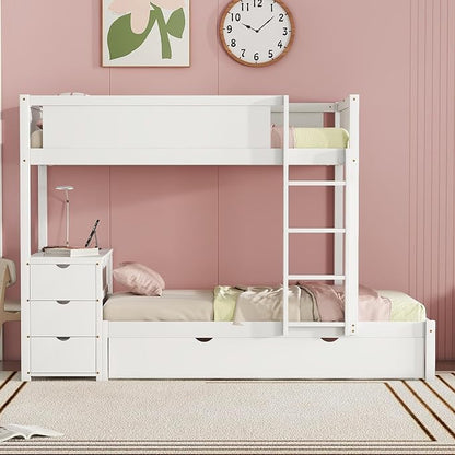 Harper & Bright Designs Twin Over Twin Bunk Bed Twin Size Trundle, Wood Twin Bunk Bed with USB Ports, Storage and Desk, White