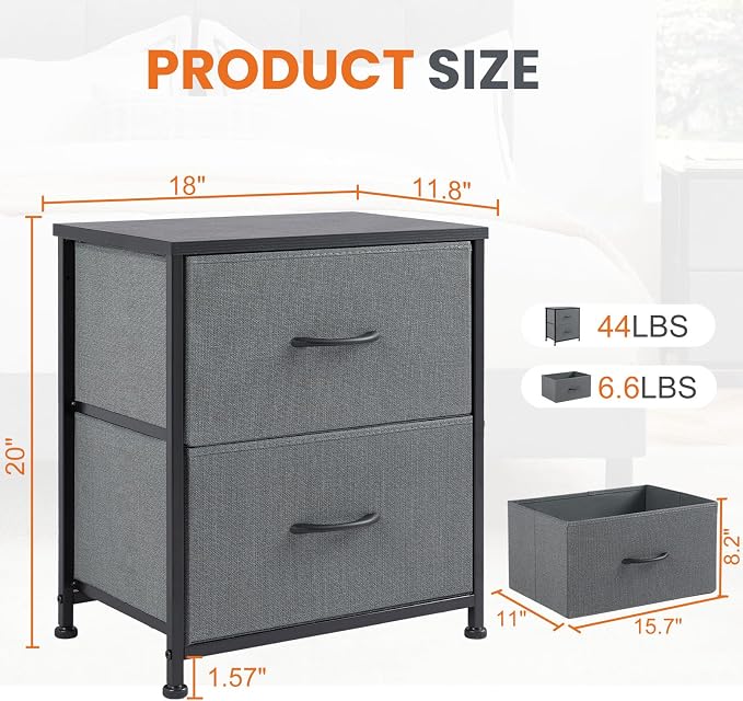Sweetcrispy Nightstand Set of 2 with 2 Storage Drawers, Small Bedside Table | 20" Height End Table, Bedroom Furniture, Wooden Top Fabric Cabinet, Closet, Entryway, Gray 2PC