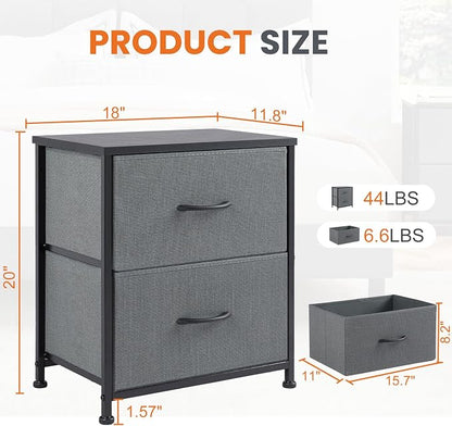 Sweetcrispy Nightstand Set of 2 with 2 Storage Drawers, Small Bedside Table | 20" Height End Table, Bedroom Furniture, Wooden Top Fabric Cabinet, Closet, Entryway, Gray 2PC