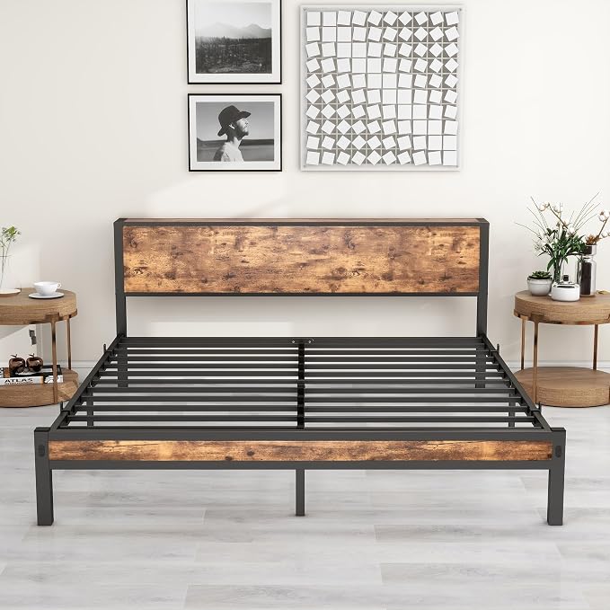 DUMEE King Bed Frame with Wood Storage Headboard, Metal Platform Bed Frames King Size, No Box Spring Needed, Noise Free, Black & Vintage Brown