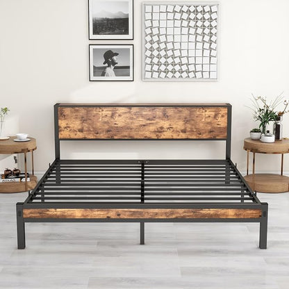 DUMEE King Bed Frame with Wood Storage Headboard, Metal Platform Bed Frames King Size, No Box Spring Needed, Noise Free, Black & Vintage Brown