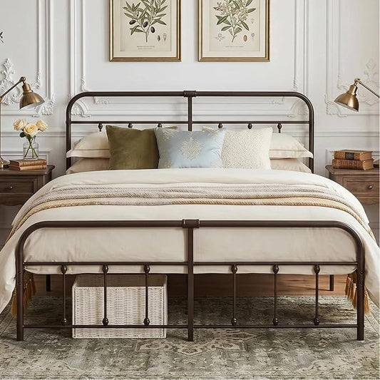 VECELO King Size Victorian Style Metal Bed Frame with Headboard/Mattress Foundation/No Box Spring Needed/Under Bed Storage and Strong Slat Support Purple Bronze
