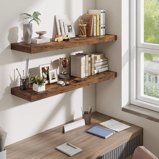 Fun Memories Floating Shelves Set of 3, 40 Inch Long Wooden Wall Shelves, 10 Inch Deep Wall Mounted Storage Shelf with Metal Brackets for Living Room, Bathroom, Bedroom and Kitchen, Rustic Brown
