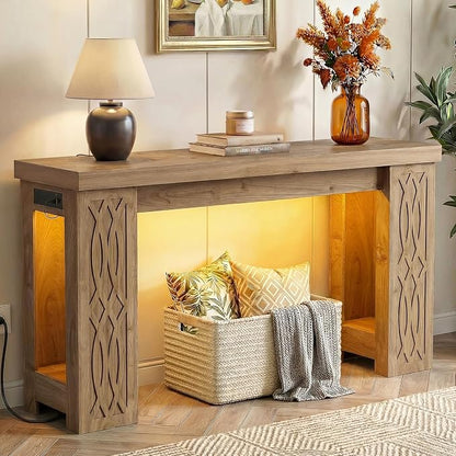 Cyclysio 47" Console Table with Outlet, Farmhouse Entryway Table with Colorful LED Lights, Wooden Sofa Table with Unique Carved Design, Foyer Accent Table for Entrance, Hallway, Living Room Natural