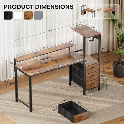 HLDIRECT 60 inch Gaming Desk with 3 Fabric Drawers & Side Hooks-Reversible Home Office Computer Desk with Power Outlets & Led Lights, Gamer Desk Table with Monitor Stand, Rustic Brown