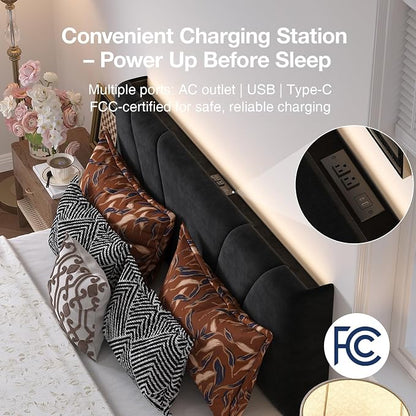 Novilla King Bed Frame and Headboard, King Size Bed Frame with Storage Drawers, King Bed Frame with LED Lights, Charging Station and Adjustable Headboard, No Box Spring Needed, Black Velvet