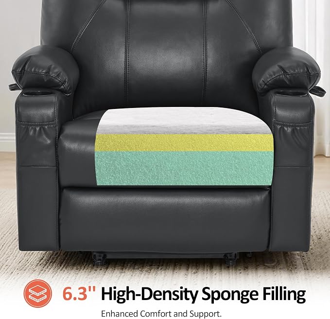 MCombo Oversized Power Lift Recliner Chair for Elderly, Lift Chair with Heat and Massage for Big and Tall, USB&Type C Ports, Cup Holders, Faux Leather R7510 (Black, Large-Wide)