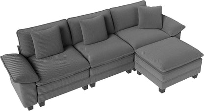 PHI VILLA Cloud Modular Couch Sets, 123.6" Sectional Sofa with L-Shaped Chaise, 4-Seater Upholstered Couches with MCorduroyovable Ottoman for Living Room, Corduroy Fabric, Grey