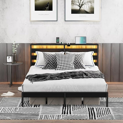 Queen Size Metal Platform Bed Frame with LED Headboard & Storage Shelf, Modern Black Metal Bed with USB Charging, No Box Spring Needed, Sturdy Slat Support for Bedroom(Black, Queen)