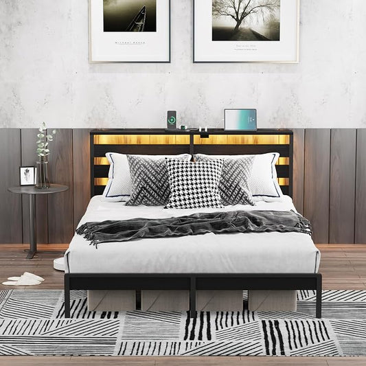 Queen Size Metal Platform Bed Frame with LED Headboard & Storage Shelf, Modern Black Metal Bed with USB Charging, No Box Spring Needed, Sturdy Slat Support for Bedroom(Black, Queen)