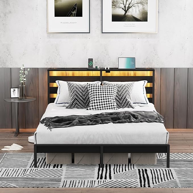 Full Size Metal Platform Bed Frame with LED Headboard & Storage Shelf, Modern Black Metal Bed with USB Charging, No Box Spring Needed, Sturdy Slat Support for Bedroom（Black,Full）