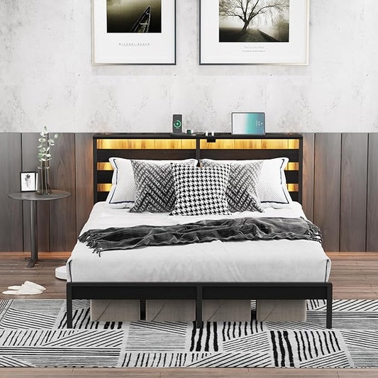 Full Size Metal Platform Bed Frame with LED Headboard & Storage Shelf, Modern Black Metal Bed with USB Charging, No Box Spring Needed, Sturdy Slat Support for Bedroom（Black,Full）