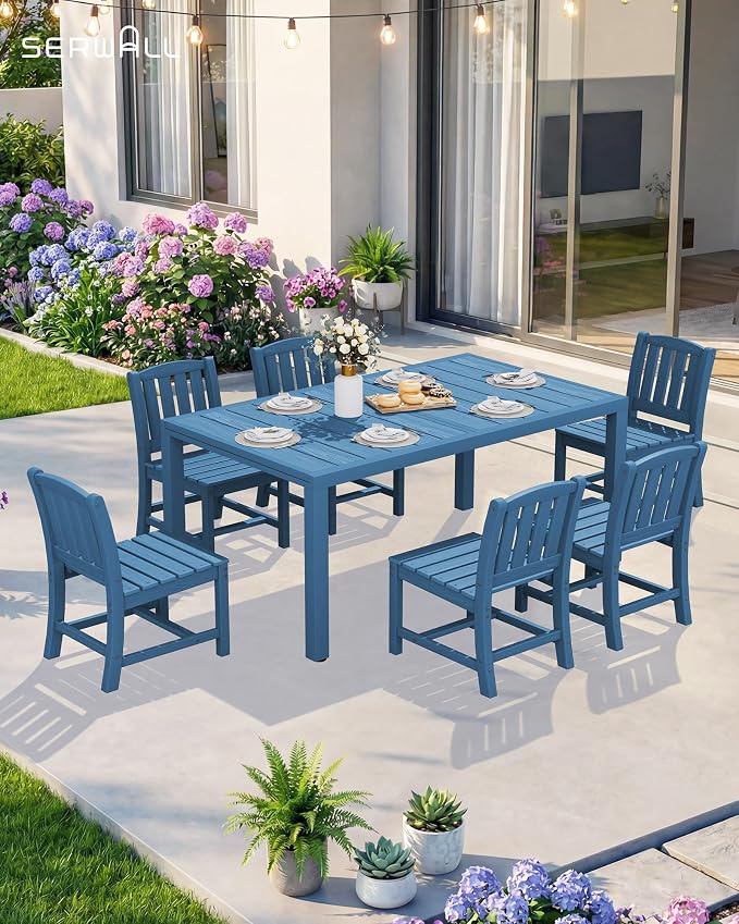 SERWALL Outdoor Expandable Dining Table 60" - 83", Blue | Patio Dining Table for 4-8 People, All Weather HDPE and Aluminum Outdoor Furniture