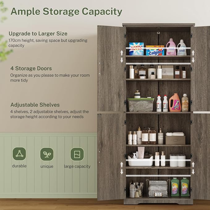 TEENFON Tall Storage Cabinet, Kitchen Pantry Cabinet with 4 Shelves, Adjustable Shelves, Pantry Cabinets with 4 Barn Doors, Tall Kitchen Cabinets for Dining Room, Living Room, Dark Walnut