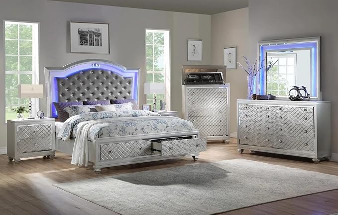 First of a Kind Shiney Contemporary 4 Piece King Bedroom Set High Gloss Silver Finish with Upholstered Headboard, Sleek Modern Bedroom Furniture Set for Coordinated Interiors