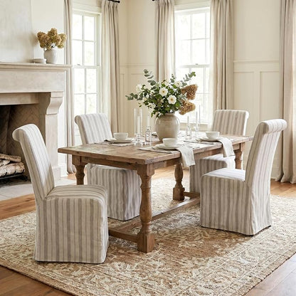 chairus Slipcovered Parsons Dining Chairs Set of 4, Upholstered Dining Room Chairs with Removable Linen Cover & High Back, Modern Farmhouse Wooden Side Kitchen Chairs, Khaki Stripe