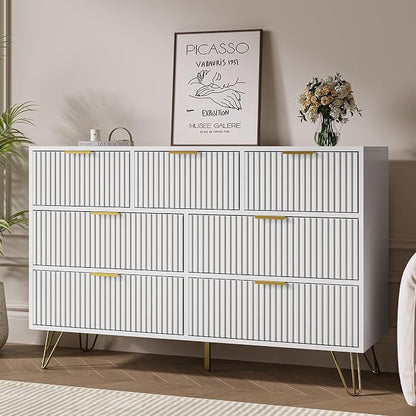 MAISONARIA White Dresser for Bedroom, 7 Drawer Dresser with Gold Pulls, Wide Chest of Drawers for Bedroom, Entryway, 47.2" L x 15.7" D x 31.4" H