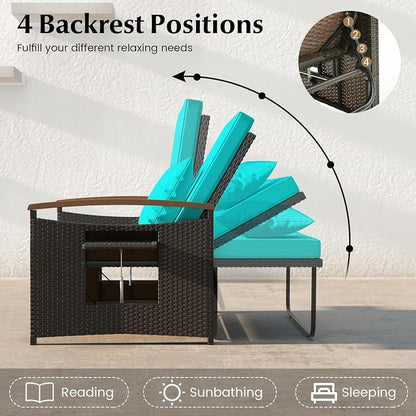 Moccha Outdoor Wicker Daybed, Patio Rattan Loveseat Sofa w/ 4-Level Adjustable Backrest, Folding Panels, Storage Ottoman & Cushions, Lounge Furniture Set for Poolside Backyard Porch (Turquoise)