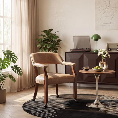 LEEMTORIG Large Dining Chairs with Casters and Arms, Rolling Dining Chairs with Wheels, Solid Wood Office Desk Chairs, 26“Dx25.2 Wx31.5“H, Cherry Legs & Yellowish Brown Fabric SY-1533-LT